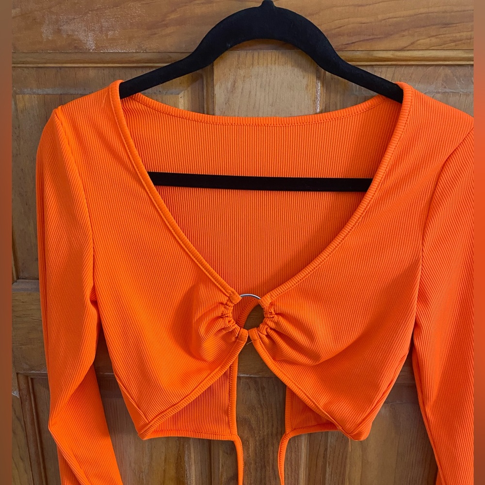 Long sleeve ribbed crop top, orange, size Medium